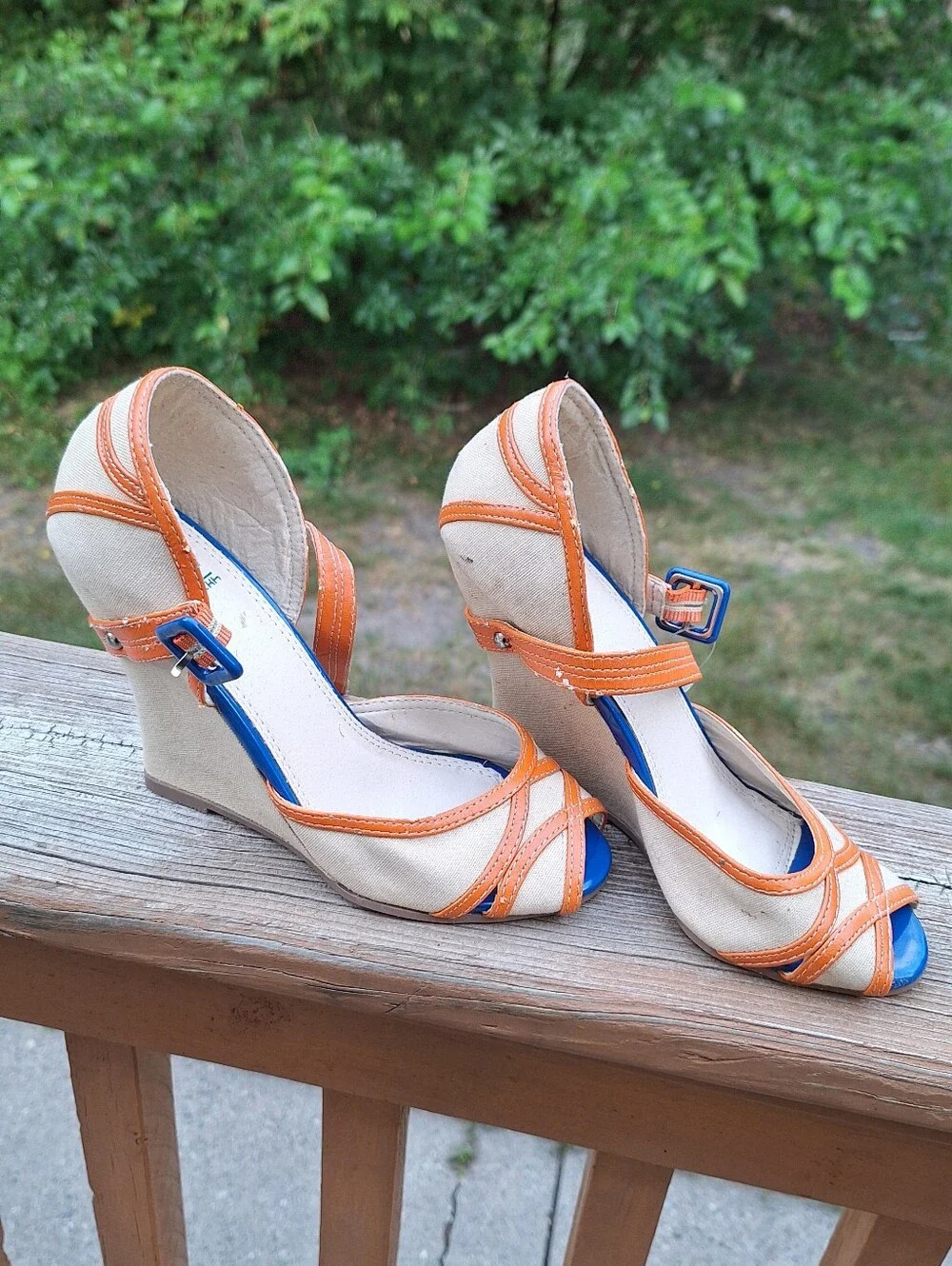 Wedge Peep-Toe Sandals in Beige and Orange